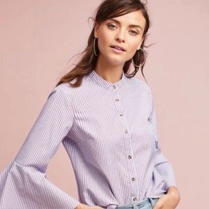 Anthropologie Maeve Blue w/ Red Stripes Button Down Bell Sleeve Blouse size 8